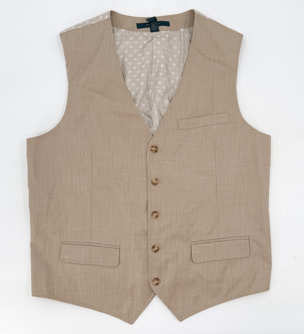 Perry Ellis Vest Mens Extra Large Tan Button Up Pockets Adjustable